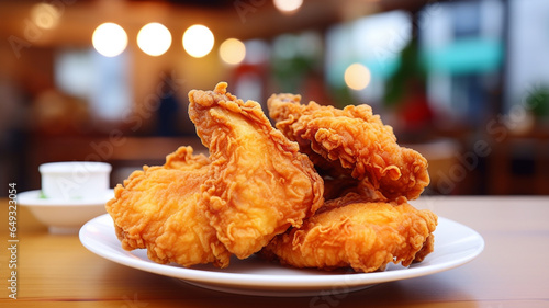 fried chicken on white dish with blur festive background