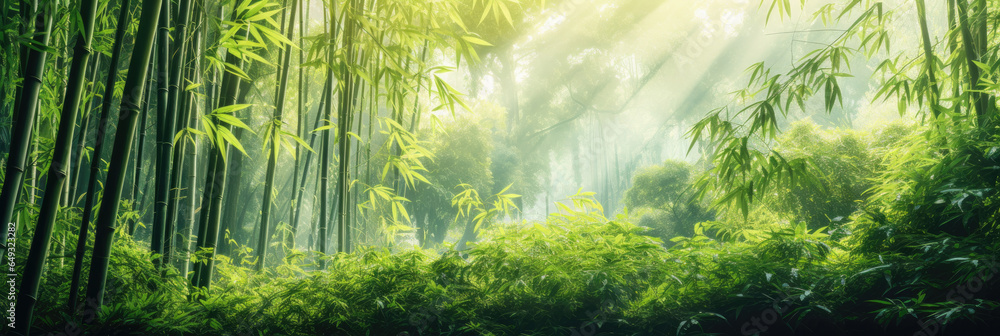 Asian Bamboo forest with morning sunlight. - obrazy, fototapety, plakaty 