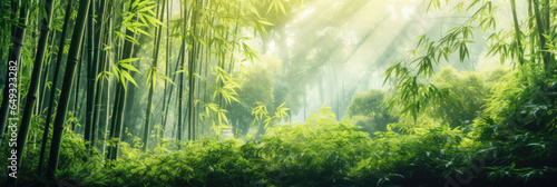 Asian Bamboo forest with morning sunlight. © Sasint