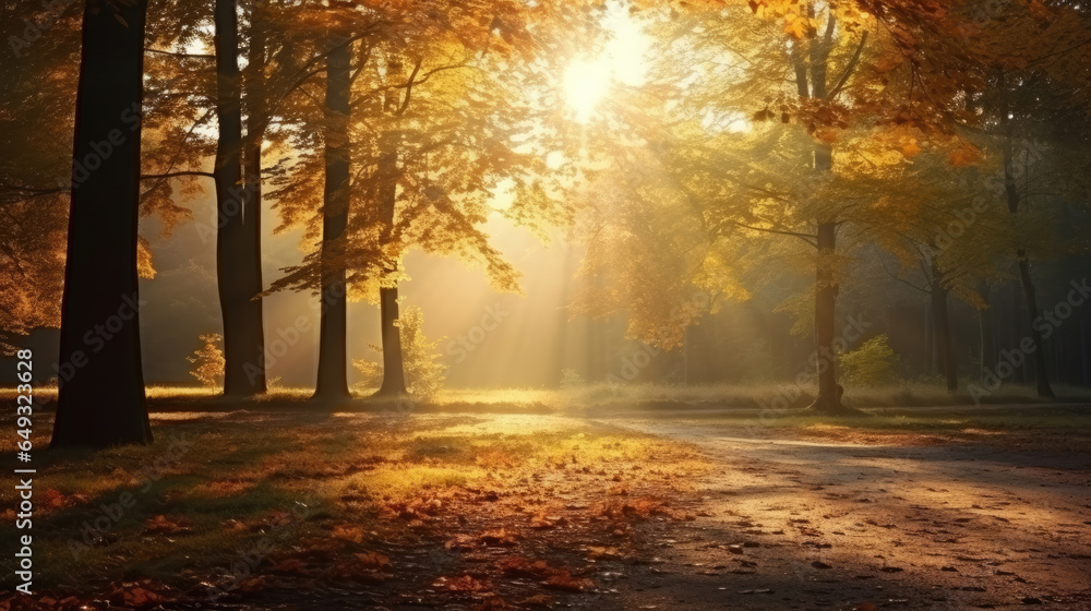 Autumn nature landscape of colorful forest in morning sunlight