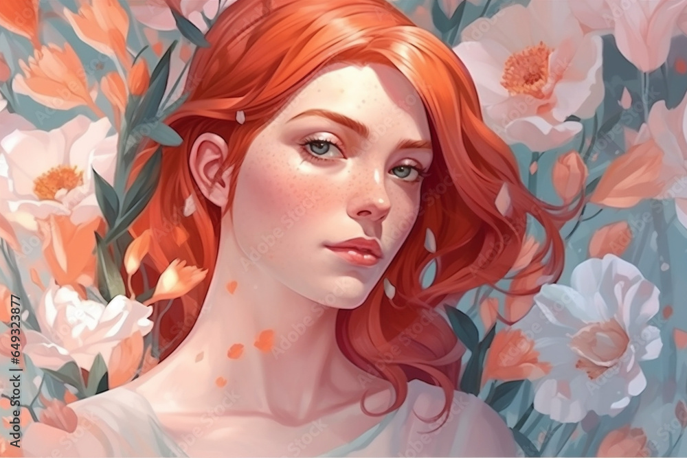 spring woman flower pastel beauty portrait girl tender colourful trend face. Generative AI.