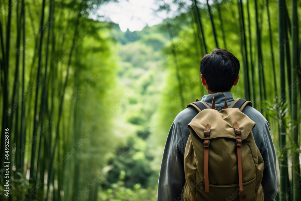 Hiker's Journey Through Lush Bamboo Grove