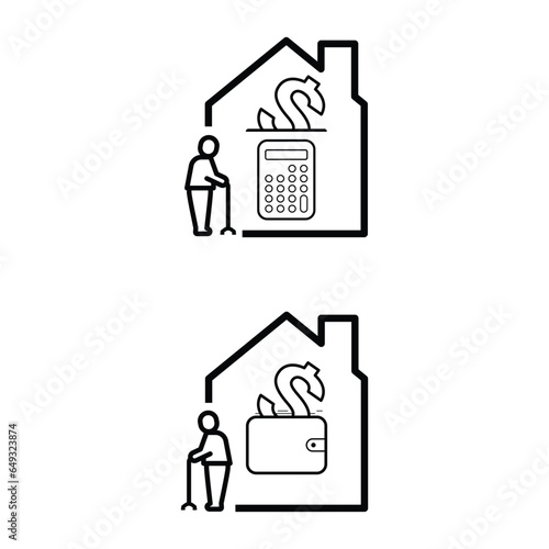 Home and elderly people with money receiving icon inside. Home mortgage refinance icon set. Vector illustration outline flat design style.