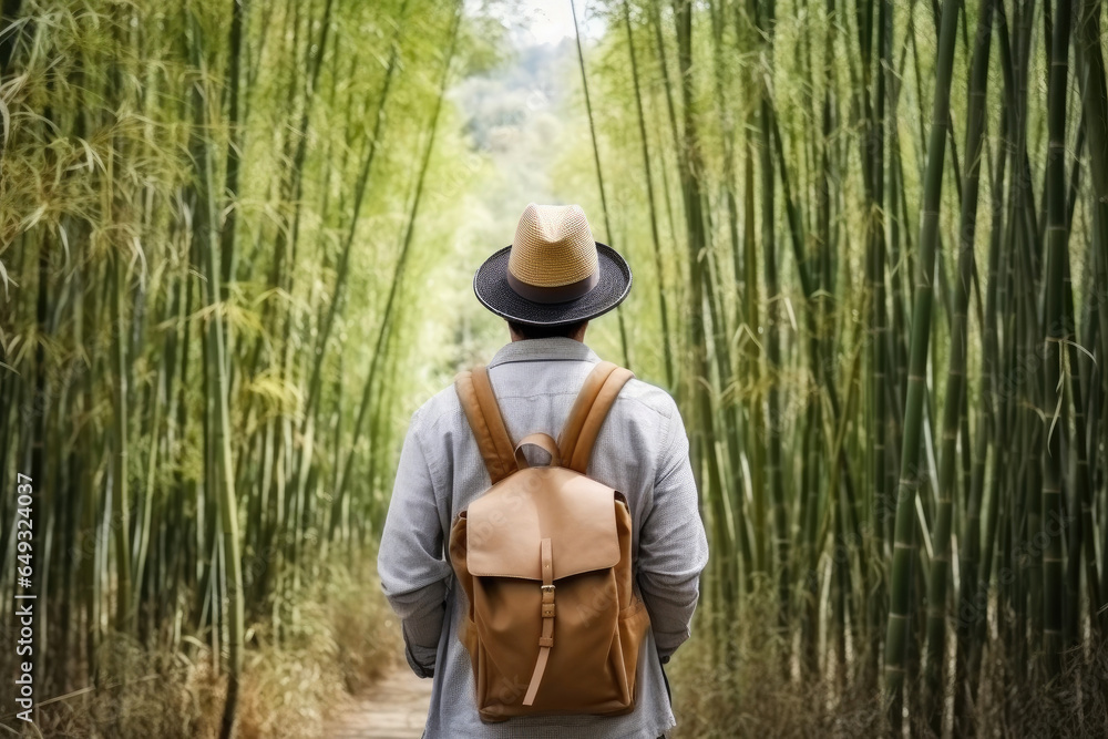 Hiker's Back View in Peaceful Bamboo Thicket