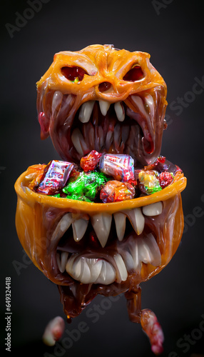 Candy food monster demon, small plastic Halloween, candy containers for kids, in-the style of vaporpunk, luminous sfumato, trashcore, ghostcore retro filters photo