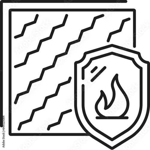 Fire resistant icon, wall thermal insulation. House construction thermal isolation system symbol, building wall flame protection and fire save insulation outline vector sign or monochrome pictogram