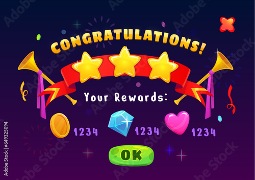 Game achievement reward, interface badge and icons with congratulation ribbons and stars, vector GUI. Game level complete and rewards summary with coin, heart and diamond bonus win for arcade game