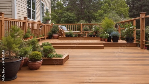 pine colored deck with some plants.