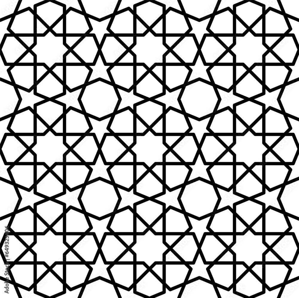 Fototapeta premium Mashrabiya Arabesque Arabic pattern or seamless islamic background, vector Arab ornament. Mashrabiya pattern of Arabesque mosaic ornament grid with linear symmetric pattern of Islamic motif tile