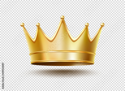 Realistic golden king or queen crown of gold, vector isolated 3D. Prince or princess crown for royal luxury imperial emblem or award, Medieval monarch or emperor golden crown of royalty treasure