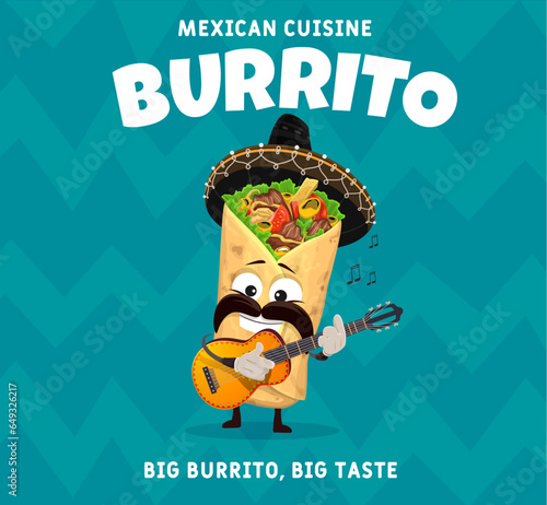 Cartoon mexican burrito mariachi musician character with guitar. Vector promo banner for tex mex food restaurant with funny mustached latino meal personage wear sombrero playing traditional guitarron