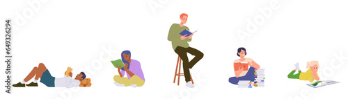 Isolated set of diverse young adult people and little children reading book on white background