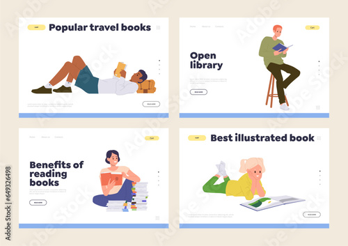 Isolated landing page template set with happy people book lover, literature fan reading storybook