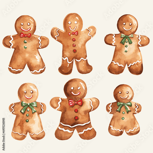 watercolor set of gingerbread men isolated on solid color