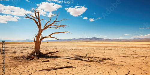 Desert landscape and dead tree with sky. Drought