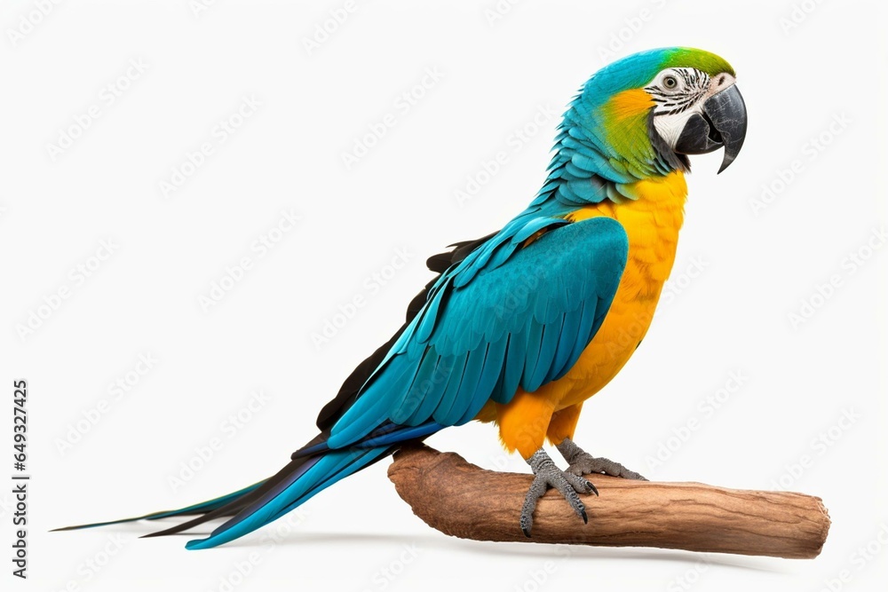 A blue or turquoise parrot (Amazona aestiva) sitting sideways, looking to the side showing profile. Isolated cutout on a transparent background. Generative AI