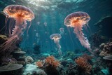 Jellyfish in the ocean. Generative AI.