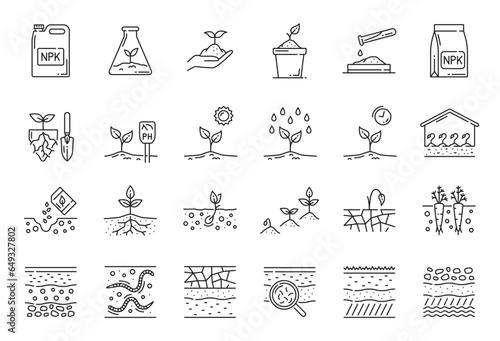 Ground soil, agriculture and agronomy line icons. Vector plant sprouts and seedlings, root vegetables and seeds in seedbed, greenhouse and farm field isolated signs with water, sun and fertilizer