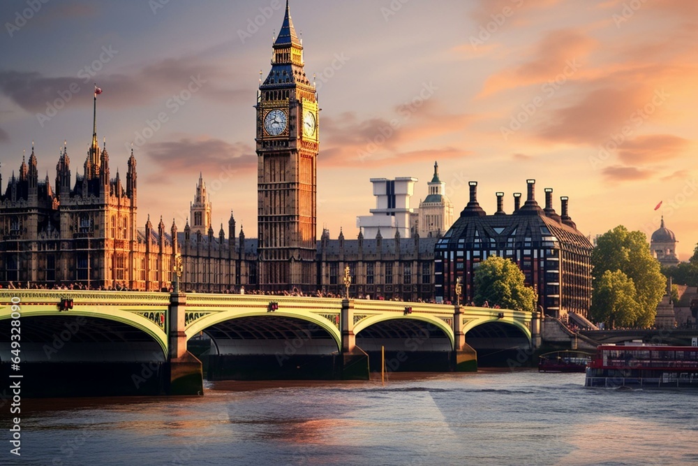 Iconic clock tower, bridge over river, London, England. Generative AI