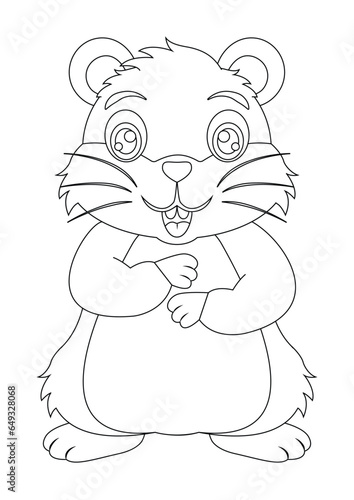 Black and white cute hamster cartoon character vector illustration. Coloring page of cartoon cute smiling hamster