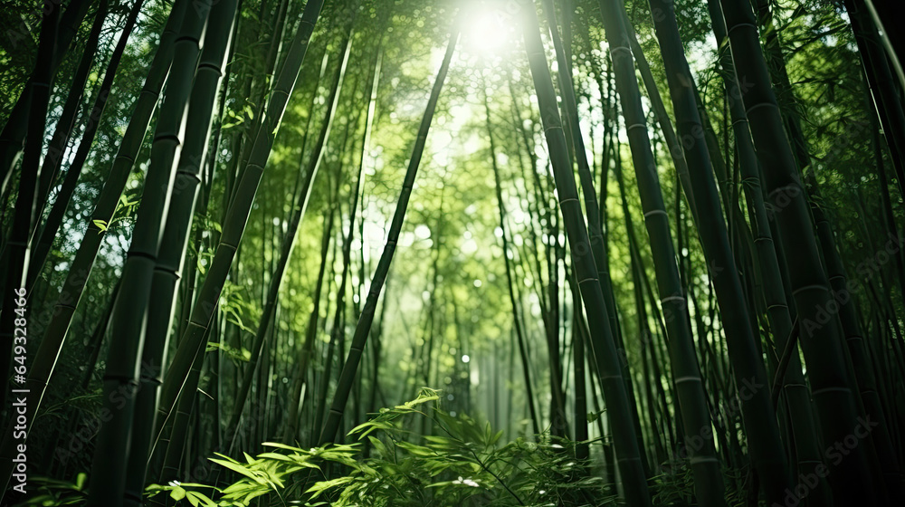 Low angle view of green reeds in a bamboo forest Low angle view of green reeds in a bamboo forest