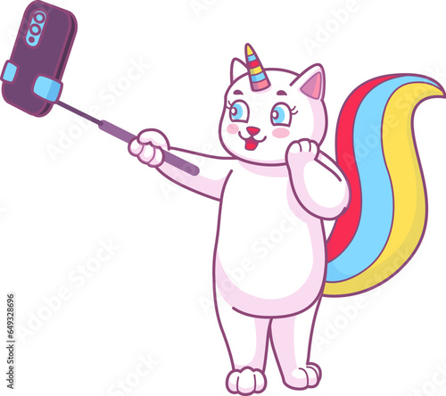 Cute cartoon caticorn cat making selfie photo, funny kitten character with smartphone. Vector animated fairytale cat, fantasy animal with phone