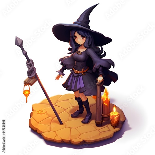 Isometric  Pixel art 3D,Halloween little witch and magic broom.