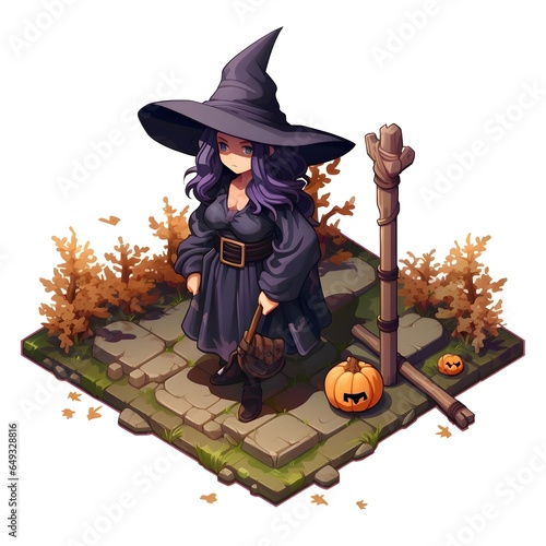 Isometric  Pixel art 3D,Halloween little witch and magic broom.