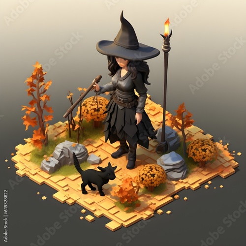 Isometric  Pixel art 3D,Halloween little witch and magic broom.