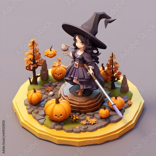 Isometric  Pixel art 3D,Halloween little witch and magic broom.
