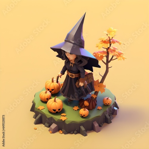 Isometric  Pixel art 3D,Halloween little witch and magic broom.