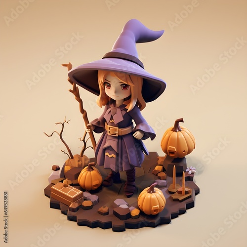 Isometric  Pixel art 3D,Halloween little witch and magic broom.