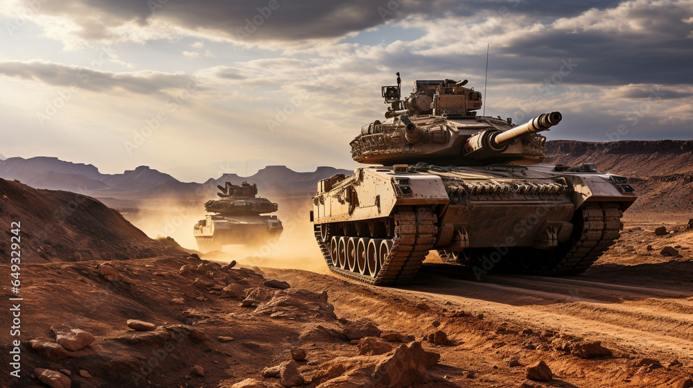 Across the desert expanse, main battle tanks carve a path, leaving imprints like ancient symbols. Across the desert expanse, main battle tanks carve a path, leaving imprints like ancient symbols.