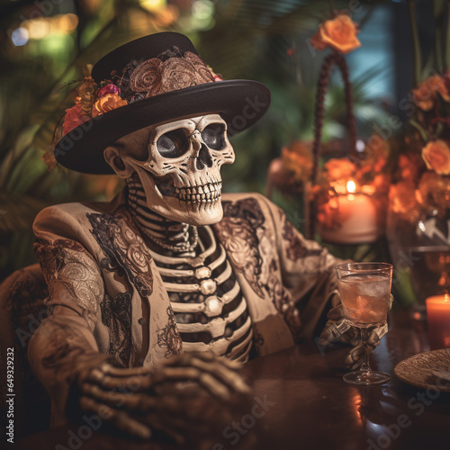 A skeleton capatain at a halloween party at a tropical island that has great drinks, halloween themed food, and live entertainment, wine bottle. Halloween, witch, woman, pumpkin, cat, holiday, magic. photo
