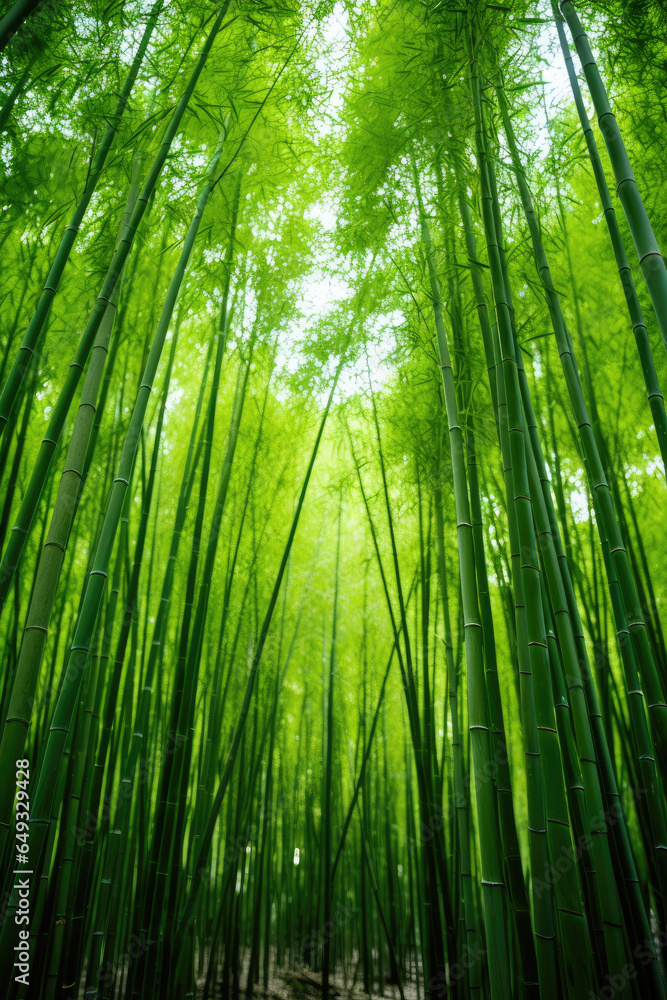 Fototapeta premium Low angle view of green reeds in a bamboo forest