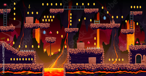 Arcade game volcano cave level map with stone platforms, lava, ladders and game items. Vector background with rocky islands , coins, assets and obstacles. Hell or underground world cartoon landscape