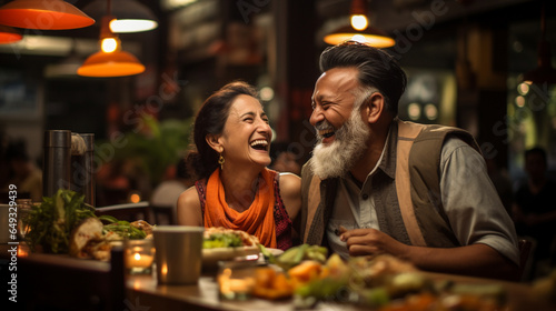 In the heart of a bustling city s food street  a middle-aged couple embraces the spirit of joy and spontaneity. Laughter dances in their eyes as they explore culinary delights