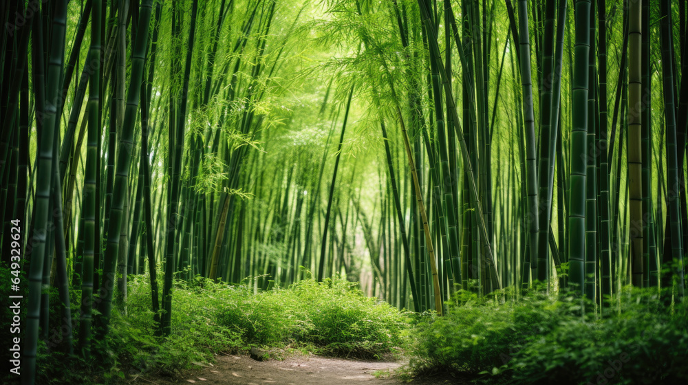 Lush greens and strong vertical lines of trees in a bamboo grove. Lush greens and strong vertical lines of trees in a bamboo grove.