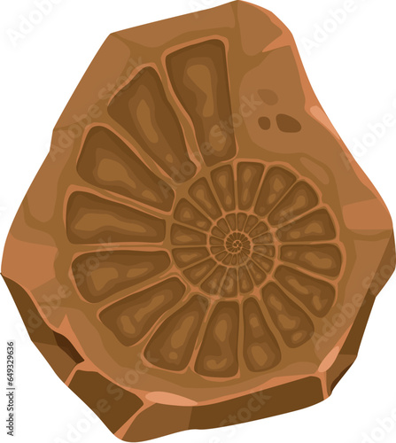 Ancient mollusc fossil imprint in stone. Jurassic era aquatic animal shell nature science museum fossil, extinct mollusc skeleton stone imprint or prehistoric fauna archaeological isolated vector find
