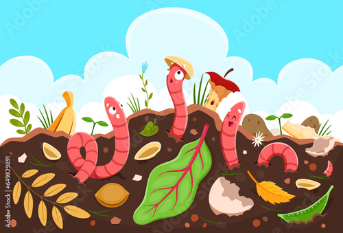 Funny cartoon earth worms in compost soil ground, vector background. Earthworm in farm garden compost soil with organic garbage or bio waste, natural agriculture and compostable environment