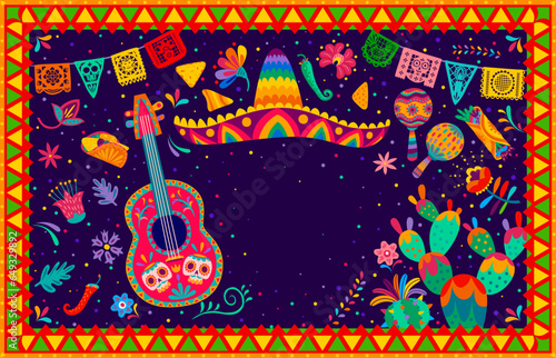 Papier peint Mexican holiday banner or poster with sombrero, guitar and maracas, vector background
