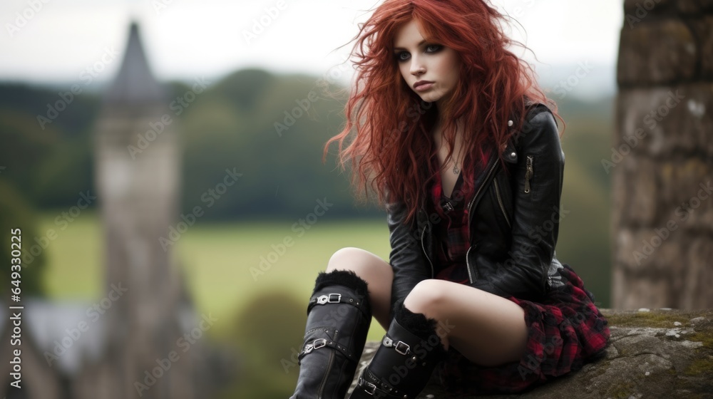 Pretty teenage emo girl with long and sleek bright red hair sitting alone with her thoughts and feelings overlooking a city and historic buildings reminiscent of Scottish stone architecture.  