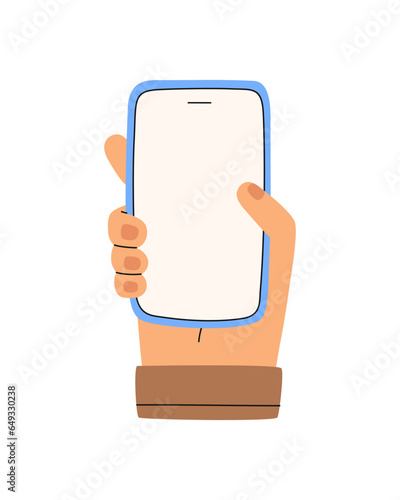 Hand holding empty mobile phone. Flat vector illustration.