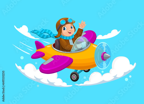 Cartoon kid flying on plane at cloudy sky. Child pilot on airplane. Vector smiling aviator engage on aircraft travel. Adventurous boy soaring through the cloudscape, filled with excitement and wonder