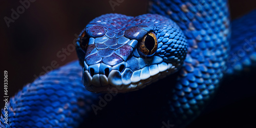 Blue viper with orange eyes on a black background