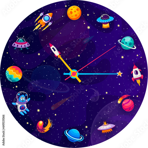 Galaxy space clock with planets, stars and spaceships on clock face dial, cartoon vector. Alarm clock or watch face with arrow hand rocket, astronaut, alien UFO and asteroids in starry sky background