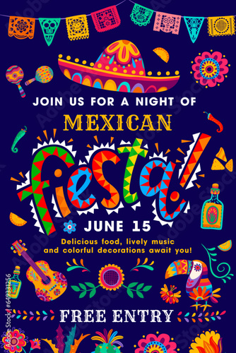 Mexican fiesta party flyer with sombrero, tequila and guitar, Mexico festival vector background. Mexican holiday celebration event poster with maracas, flowers, jalapeno pepper and papel picado flags