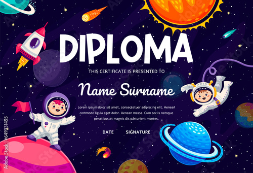 Kids diploma or certificate with cartoon kid astronauts in outer space, vector template background. Kid spaceman in galaxy with rocket spaceship and planets for kindergarten education diploma frame