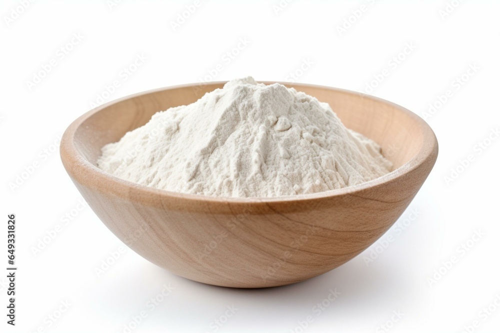Starchy white powder in a bowl isolated on white background. Generative AI