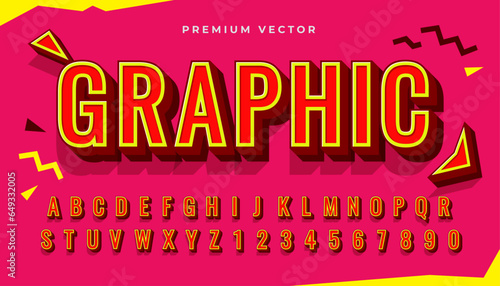 Vector 3D retro alphabets typography. Shadowed red yellow text on soft red abstract background